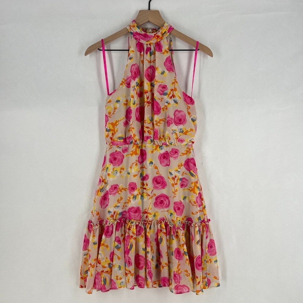 Betsey Johnson Dress Womens 4 Multicolor Floral Halter Neck Back Zip Peplum Hem